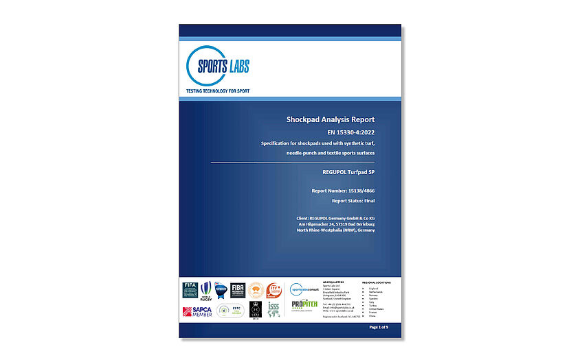 Test report of the certified elastic layer REGUPOL turfpad SP according to EN 15330-4 Test report of the certified elastic layer REGUPOL turfpad SP according to EN 15330-4
