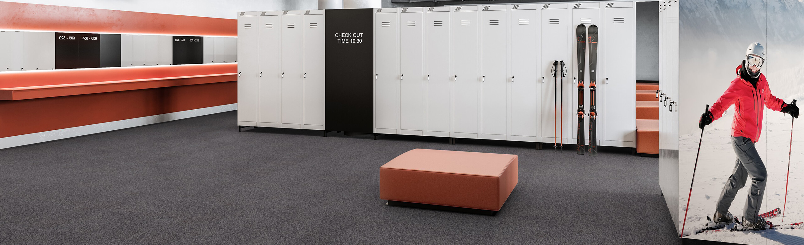 REGUPOL everroll alpine flooring in a ski depot A dark REGUPOL everroll alpine flooring in a ski depot with many lockers for storing skis and ski equipment