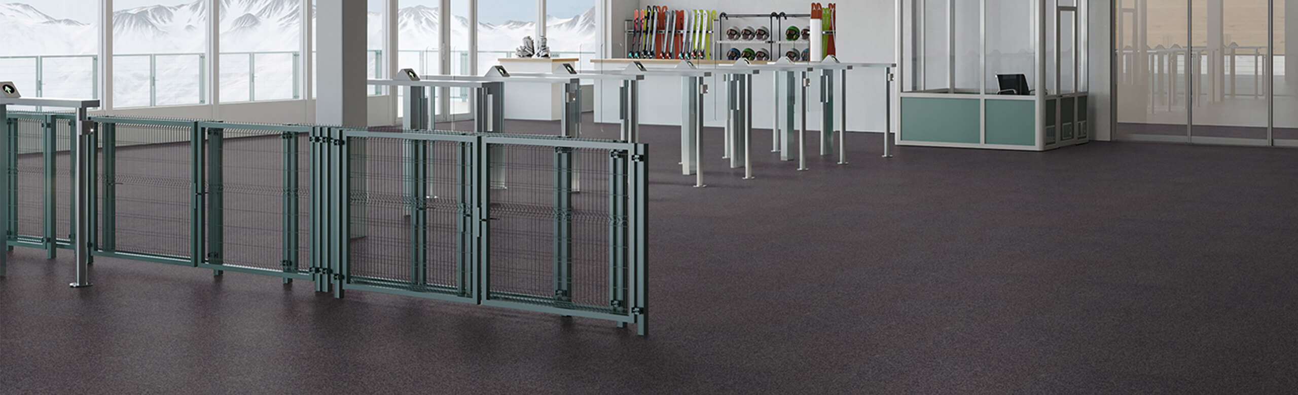Area in a cable car station with turnstiles, the floor covering is REGUPOL everroll alpine
